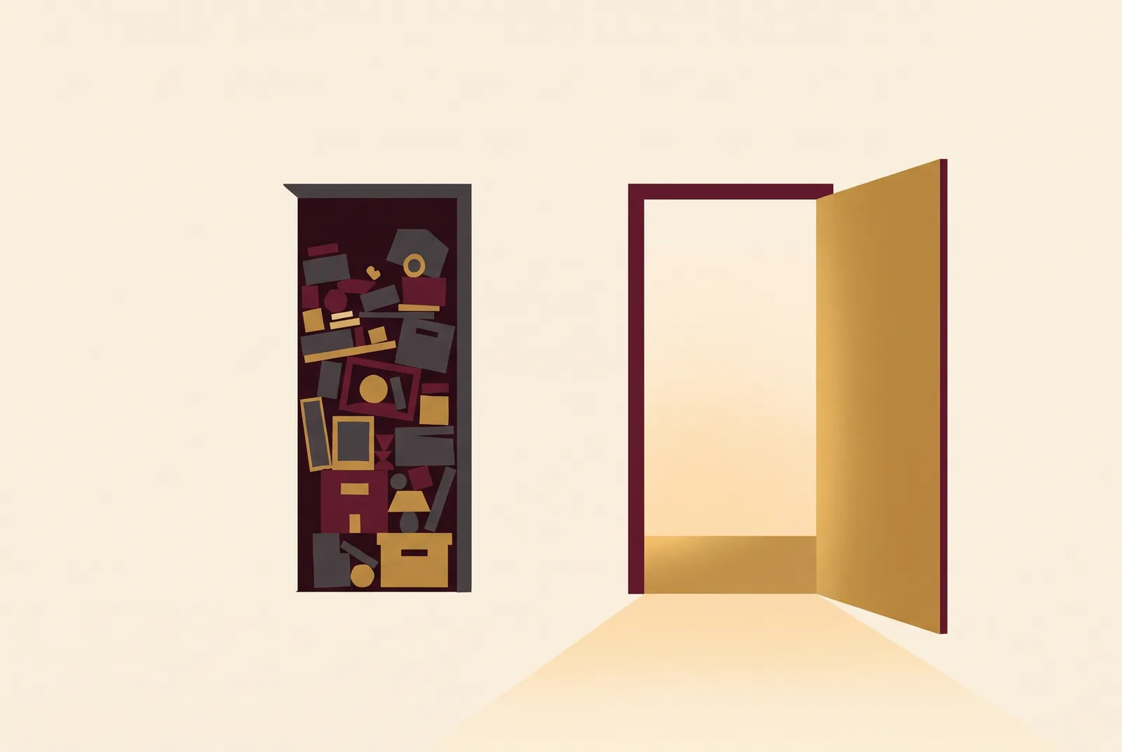 Illustration: Two doorways side by side in a cream wall, one narrow and crowded, one wide and open with warm light spilling through