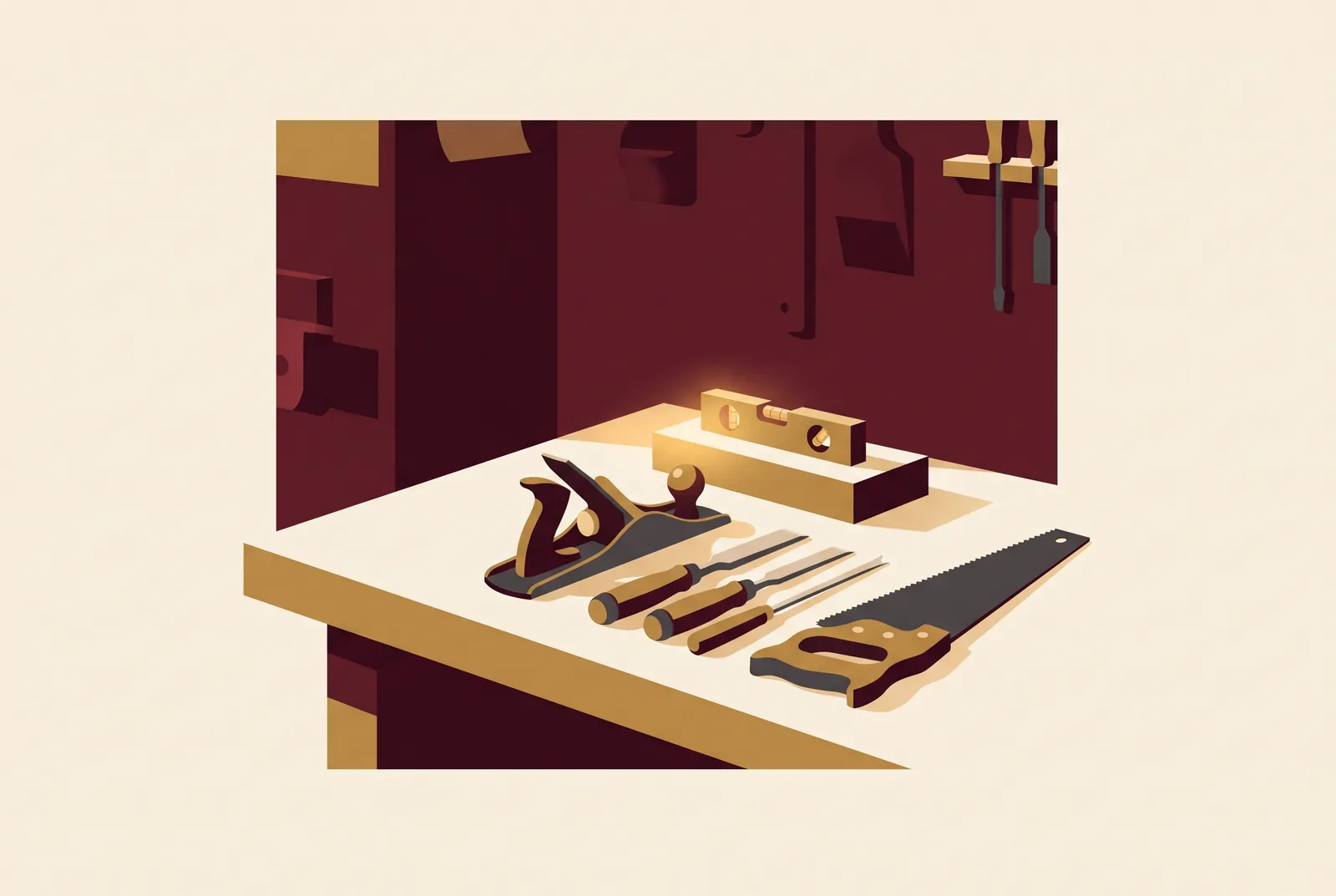 Illustration: A workshop bench in warm light with a few simple, well-made tools laid out in order, and a small brass level resting on top