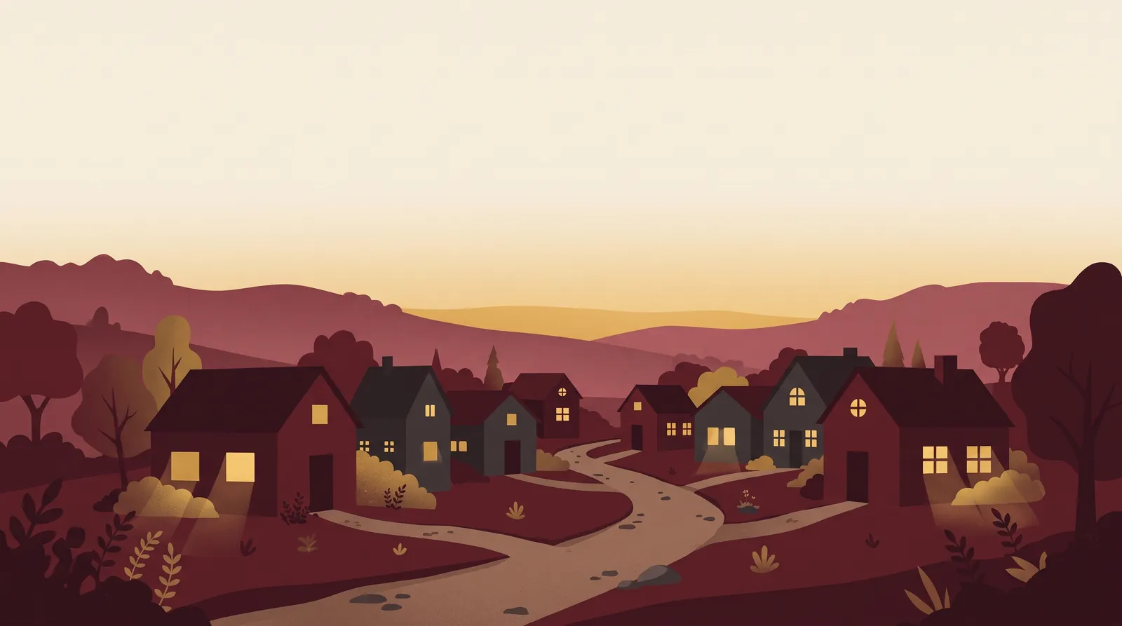 Illustration: A village path at dusk leading toward a cluster of warm lit windows, each slightly different