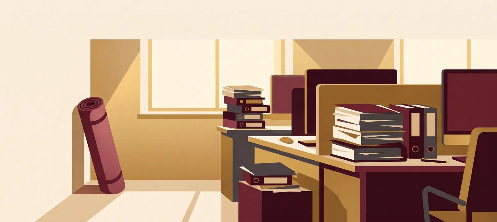 Illustration: A single yoga mat rolled up and left in the corner of a bright, busy open-plan office, with a tall stack of unfinished work visible on the desks beside it