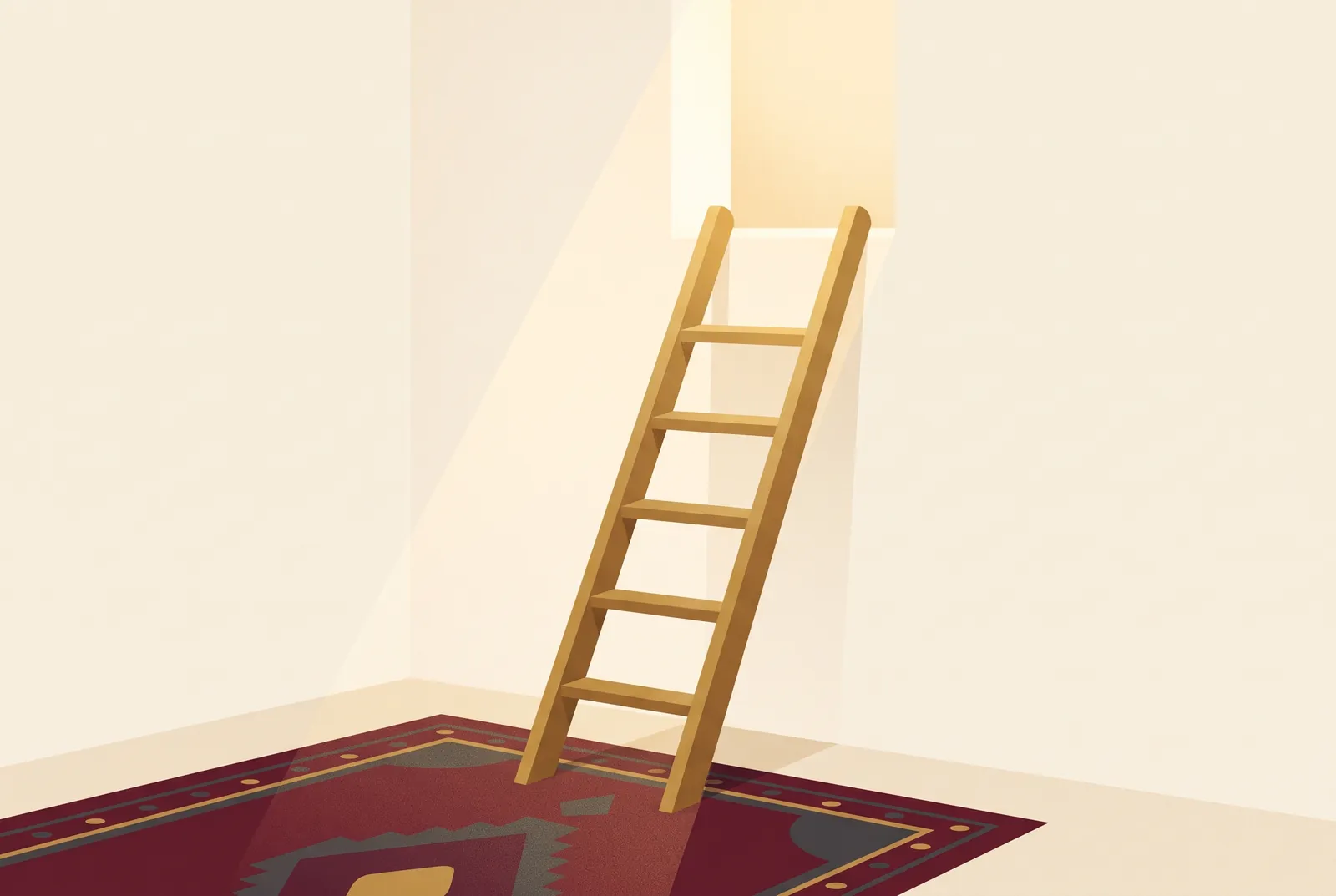 Illustration: A ladder of five simple wooden steps rising toward a window of warm light, in a cream room with a burgundy rug