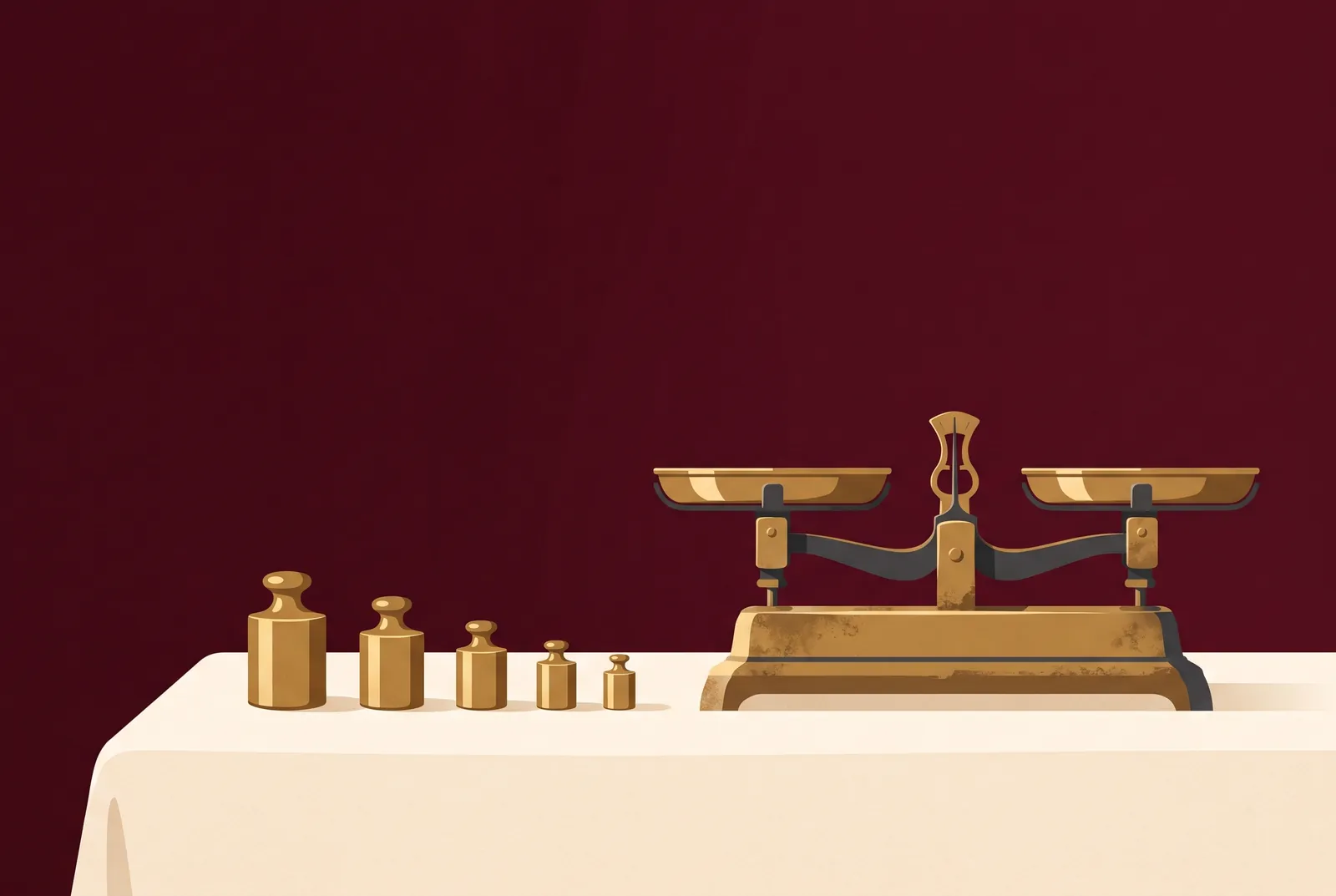 Illustration: Five small brass weights of different sizes laid in a row on a cream cloth beside an old balance scale