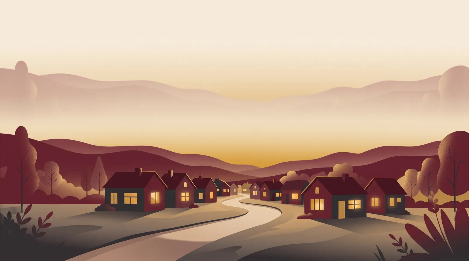 Illustration: A village path at dusk leading toward a cluster of warm lit windows, each slightly different
