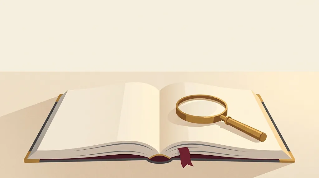 Illustration: A brass magnifying glass resting on an open book of blank cream pages, with a small burgundy ribbon marking one page