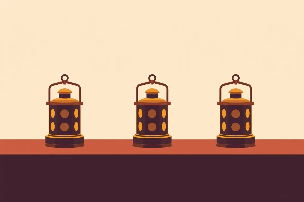 Illustration of three glowing lanterns in a row on a cream background