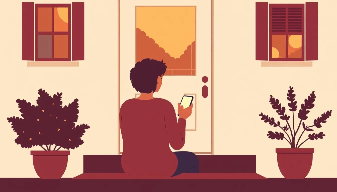 Illustration of a person seen from behind on a doorstep at dusk, looking at a phone