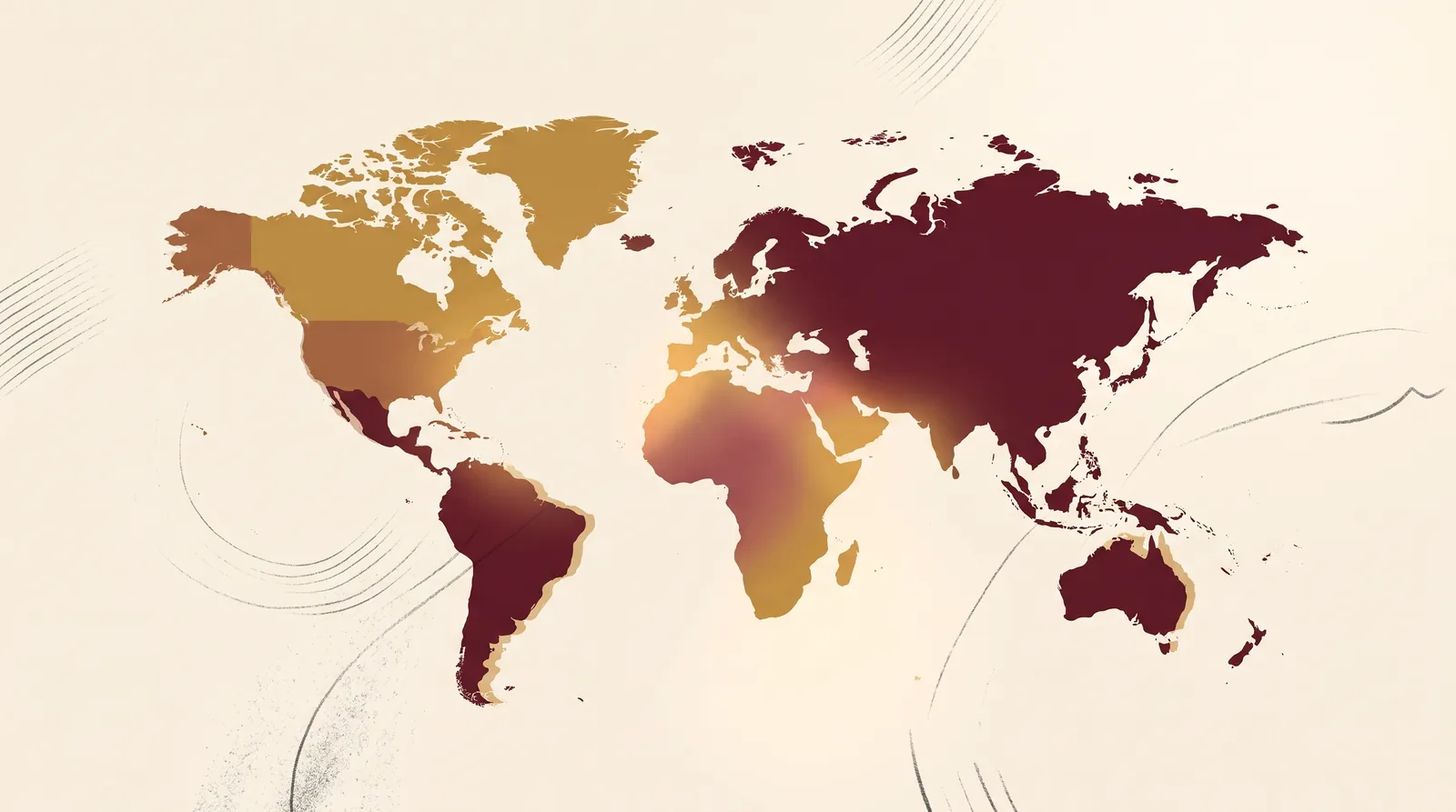 Illustrative world map shaded in burgundy and brass with a soft glow over Africa; the shading is decorative, not data.