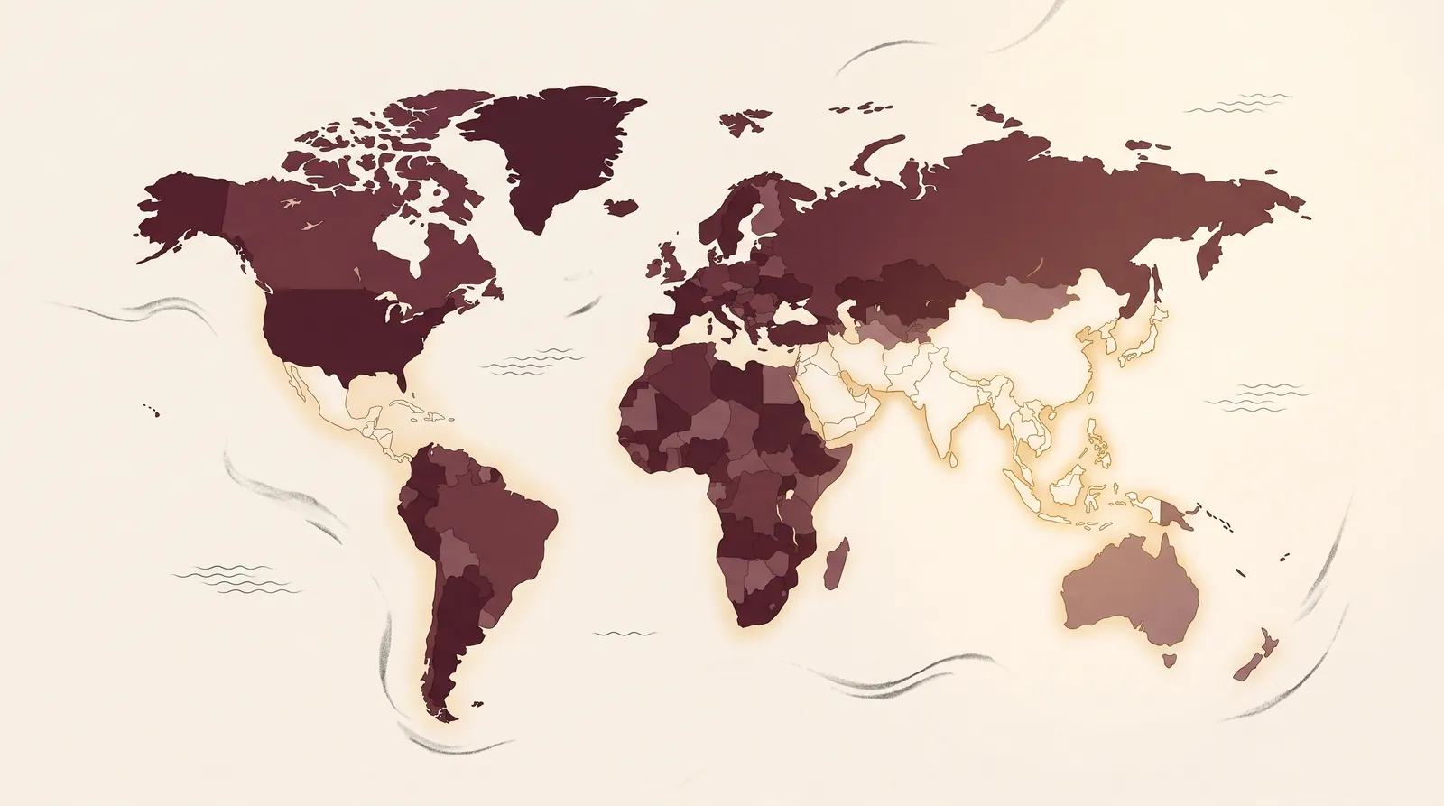 Illustrative dark burgundy world map with several regions left as softly glowing outlines; the shading is decorative, not data.