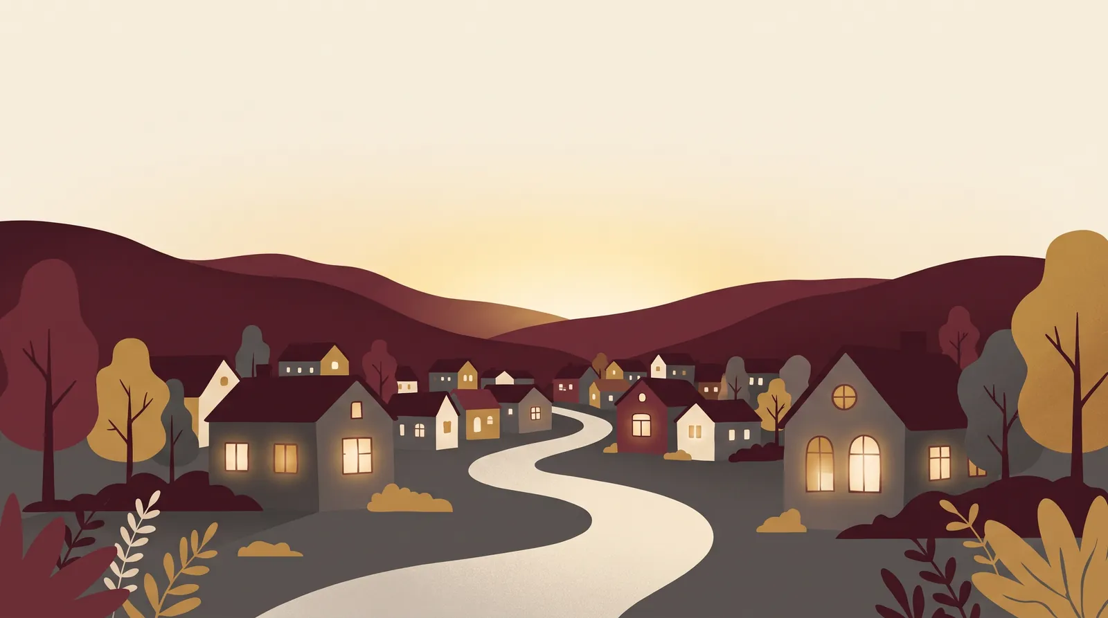 Illustration: A village path at dusk leading toward a cluster of warm lit windows, each window slightly different