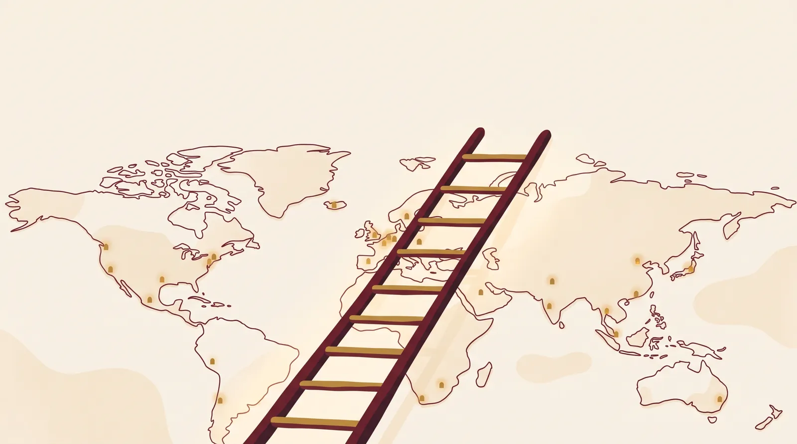 Illustration: A simple ten-rung ladder rising across a stylized world map, with small warm lights glowing in the windows of every continent