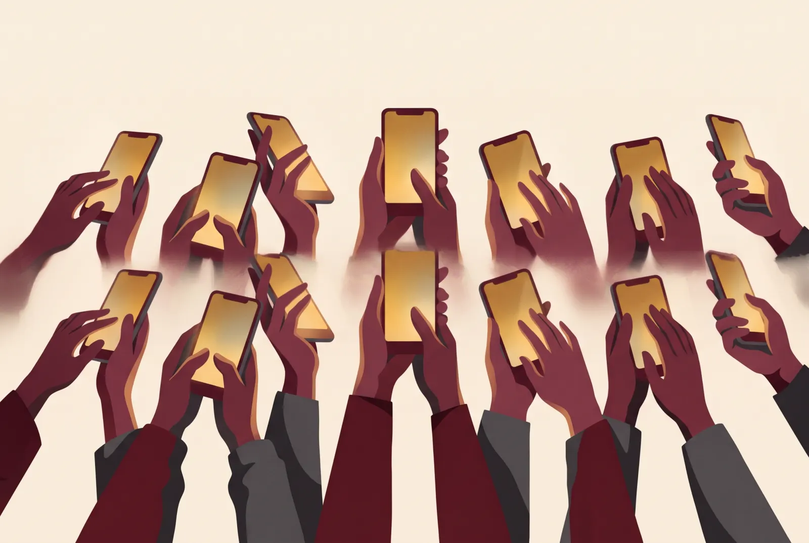 Illustration: A row of glowing phone screens in burgundy and brass, each held by a different pair of hands
