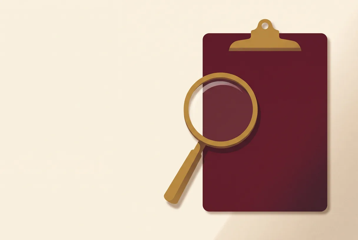 A simple magnifying glass over an empty clipboard shape, suggesting careful measurement.