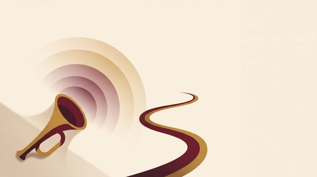 Abstract illustration of a megaphone-like shape sending soft waves toward a winding path on a warm cream and burgundy background.