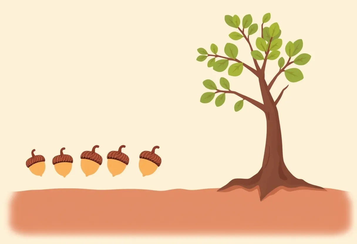 Acorns beside a fully grown oak tree