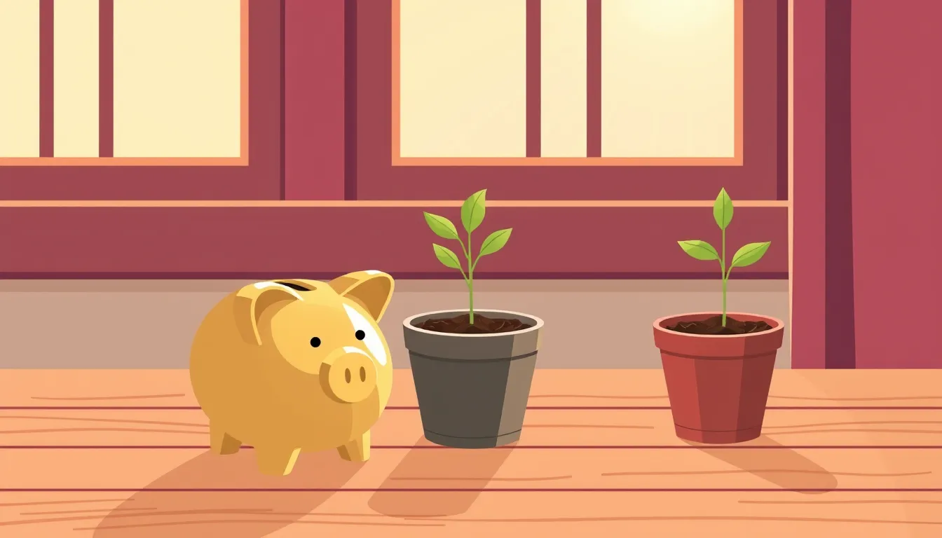 Brass piggy bank beside two seedlings in pots, in cream, burgundy and brass tones