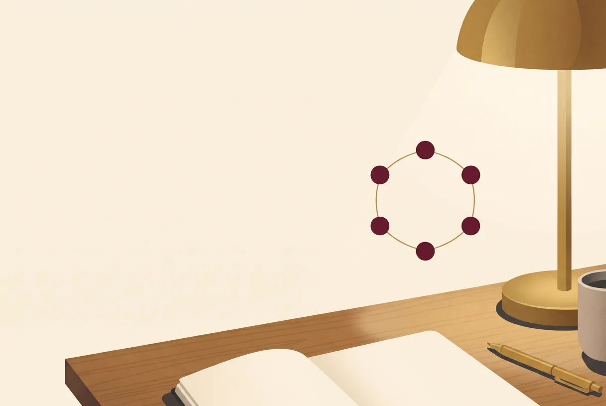 Six burgundy dots joined in a ring by a thin brass line, representing a cycle of evaluation steps.