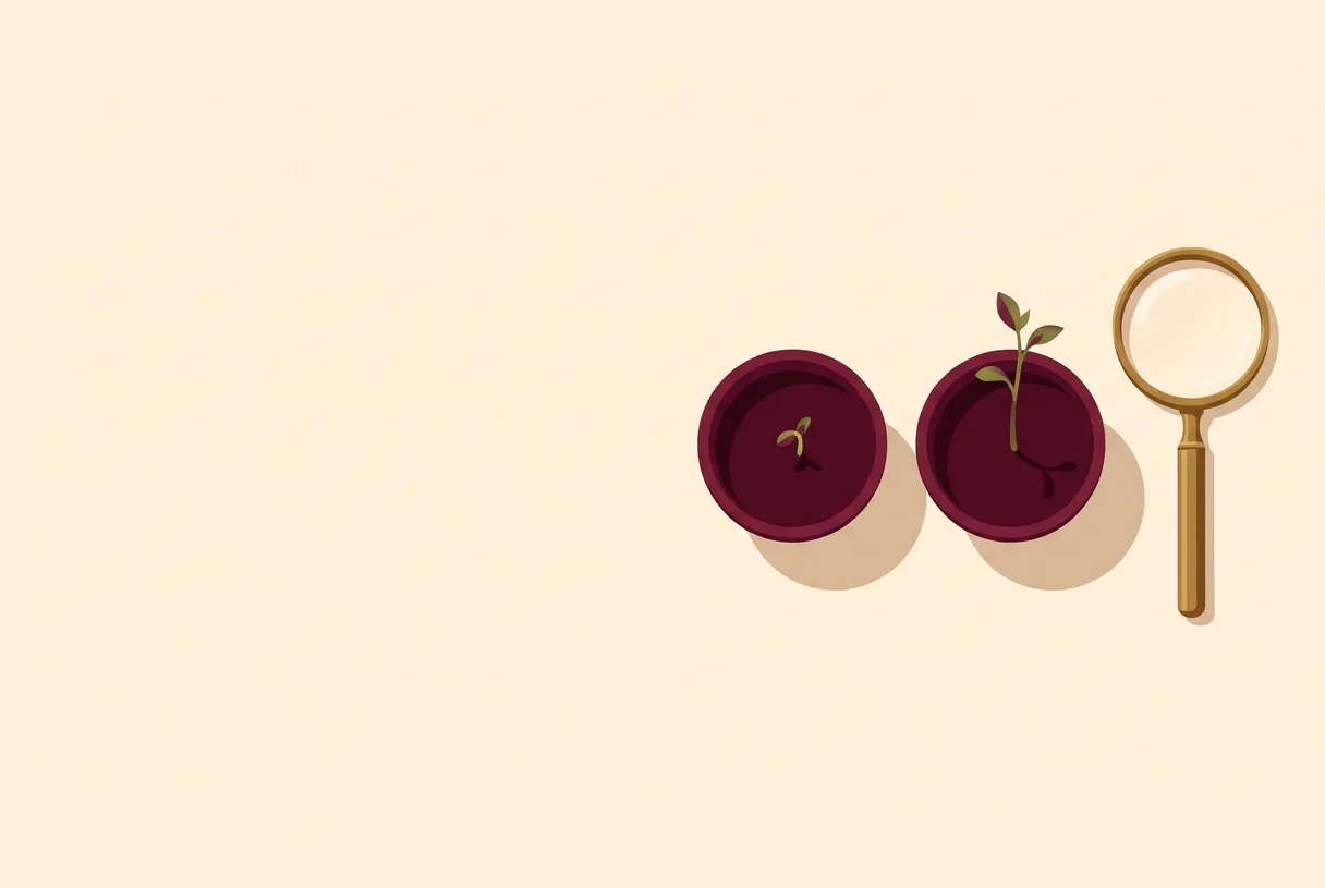 Two small burgundy plant pots, one with a short seedling and one with a taller seedling, beside a brass magnifying glass.