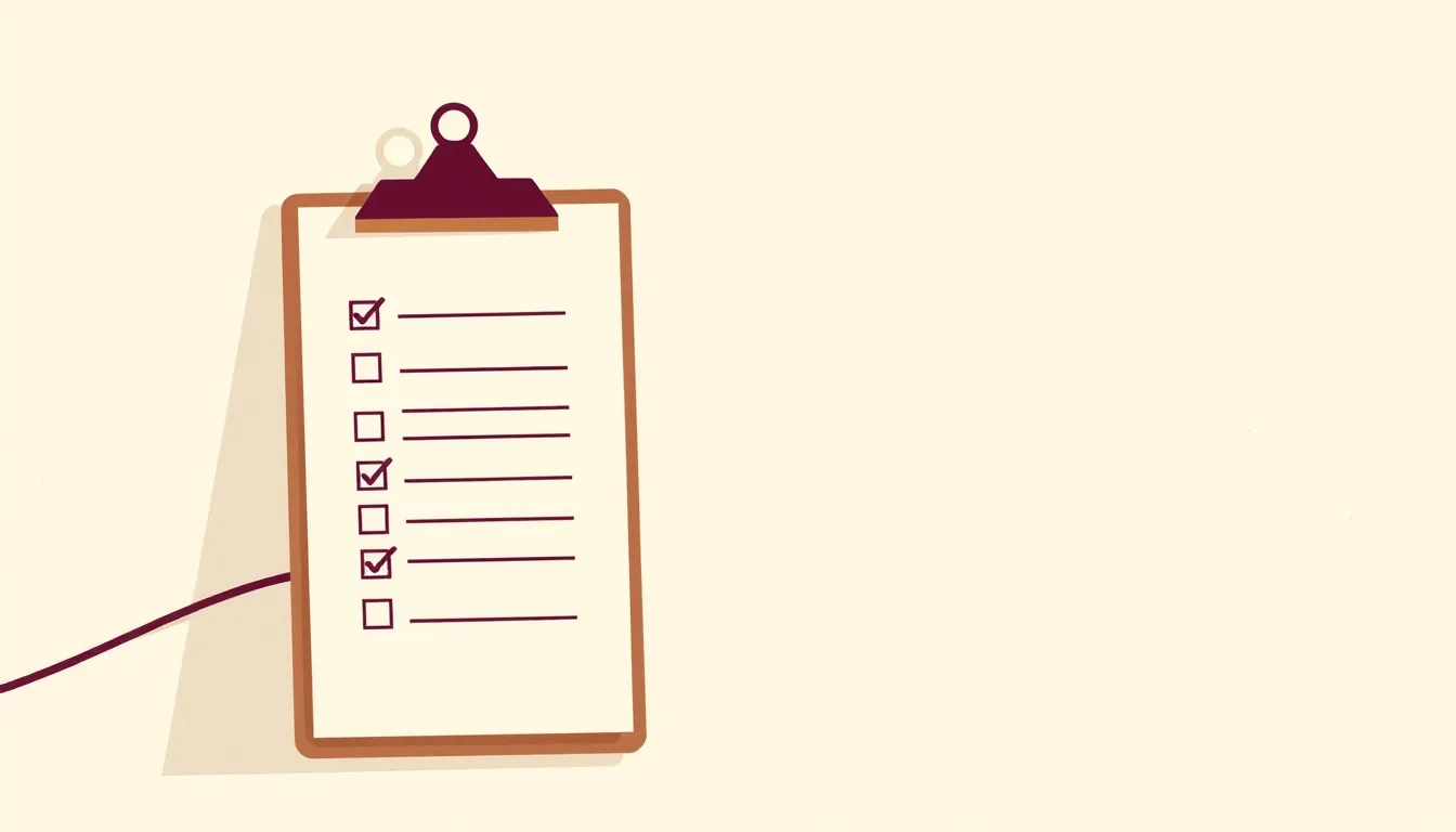 Abstract illustration of a clipboard with a simple checklist and a rising line on a cream background.