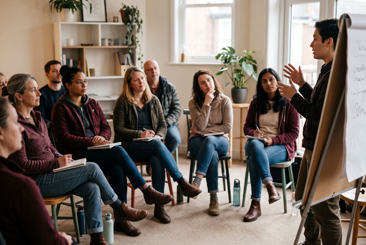 Illustration: a facilitator teaching a seated group of fellows in a training session