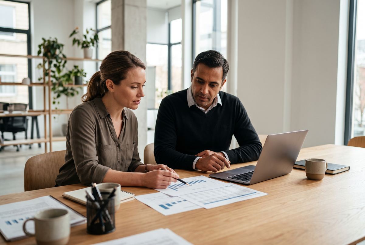 Illustration: two colleagues reviewing outcome charts at a table